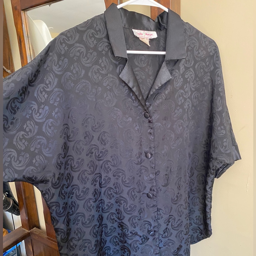 Black Jacquard Button Down Top Black Silky Night Blouse- Women’s Large